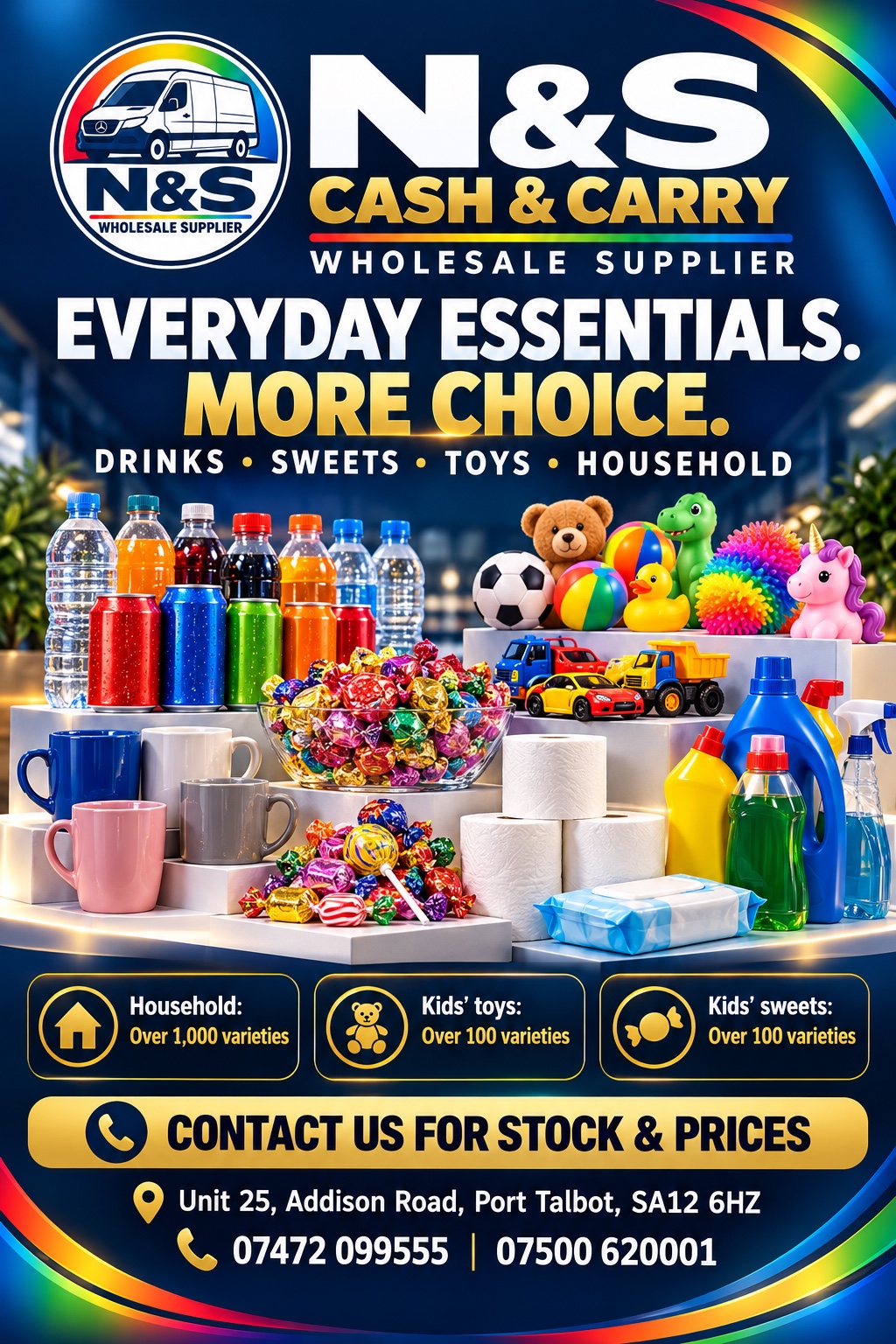 N&S Cash and Carry: everyday essentials, more choice. Drinks, sweets, toys and household products. Unit 25, Addison Road, Port Talbot. Call 07472 099555 or 07500 620001.